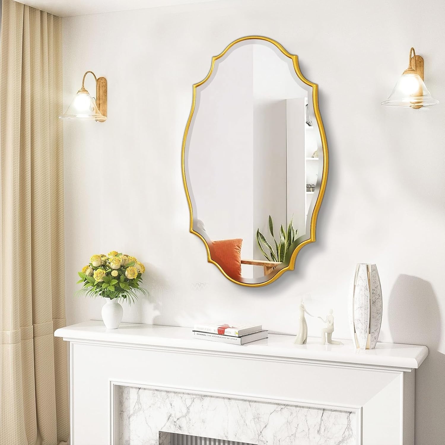 Gold Scalloped Oval Vanity Mirror 91x61cm Elegant Wall Decor for Home