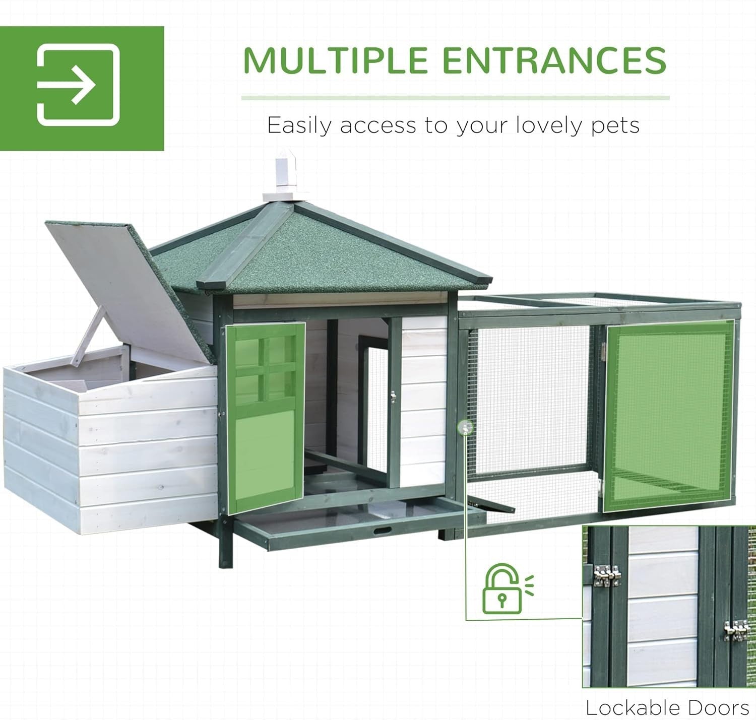 Large Outdoor Chicken Coop with Run Nest Box 196x76x97cm Green