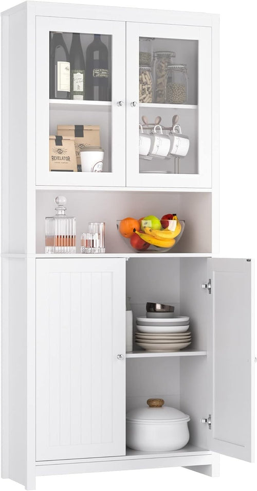 White Tall Kitchen Cupboard 190cm Pantry Cabinet Glass & Wood Doors