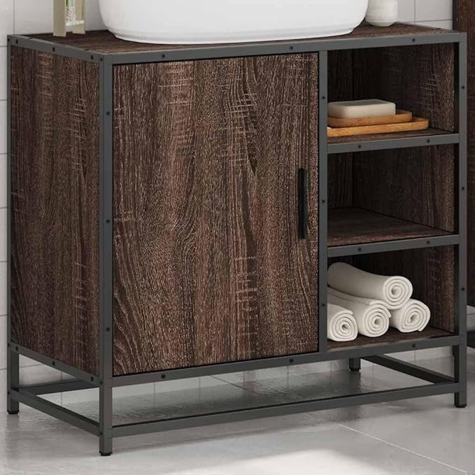 Brown Oak Bathroom Sink Cabinet 65x33x60cm Under Basin Storage Unit Shelves