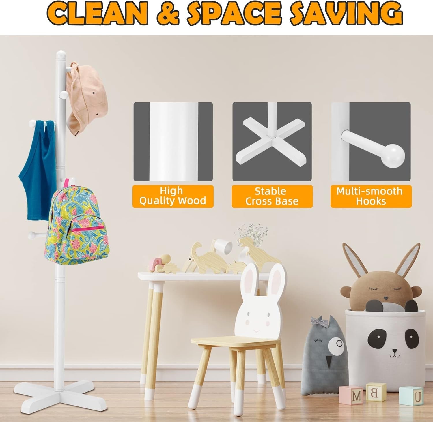 Kids White Wooden Coat Rack | 8 Hooks Adjustable Freestanding Tree Stand