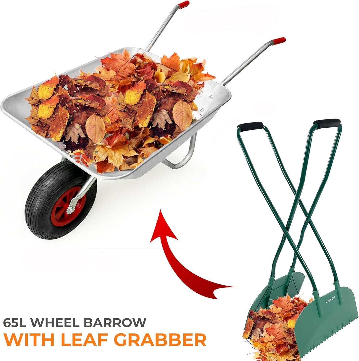 65L Steel Garden Wheelbarrow & Green Silver Cart with Leaf Grabber & 100 kg Load