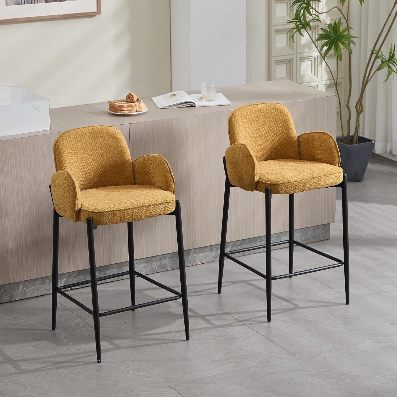 Modern Yellow Bar Stools Set of 2 | Chenille Seat, Metal Legs, Armrest