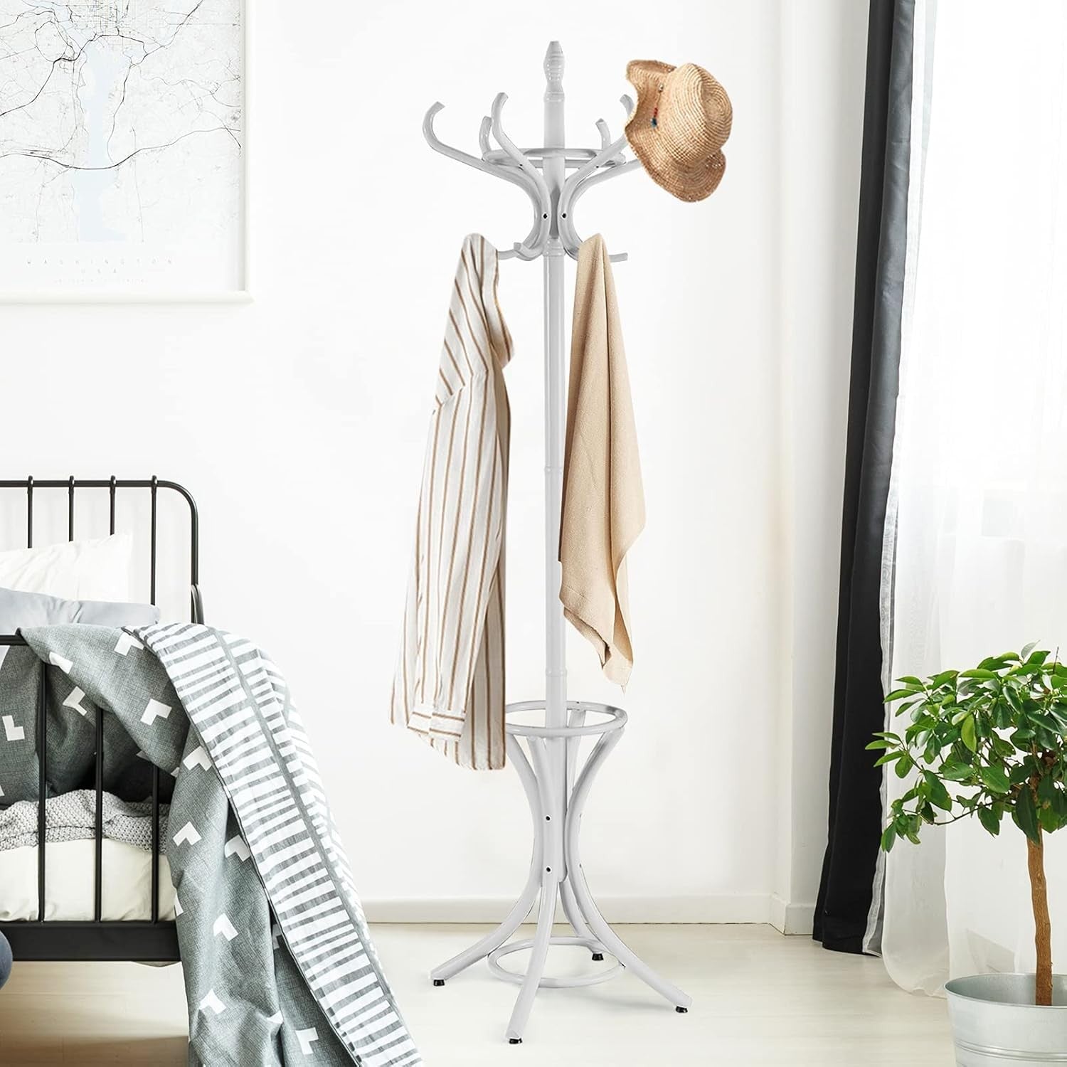 12 Hook Wooden Coat Rack with Umbrella Holder – Freestanding Grey Hall Tree Stan