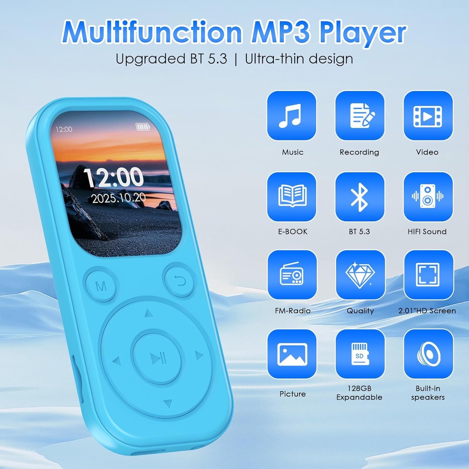 64GB Bluetooth 5.3 MP3 Player Blue Built-In Speaker FM