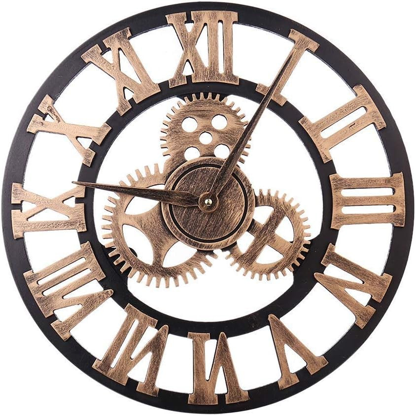 45cm Retro Gear Wall Clock Large Metal Roman Numerals Silent Vintage Decor