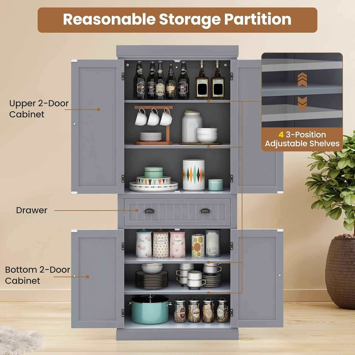 Grey Tall Kitchen Cupboard 183cm Pantry Storage Cabinet Drawer Shelves