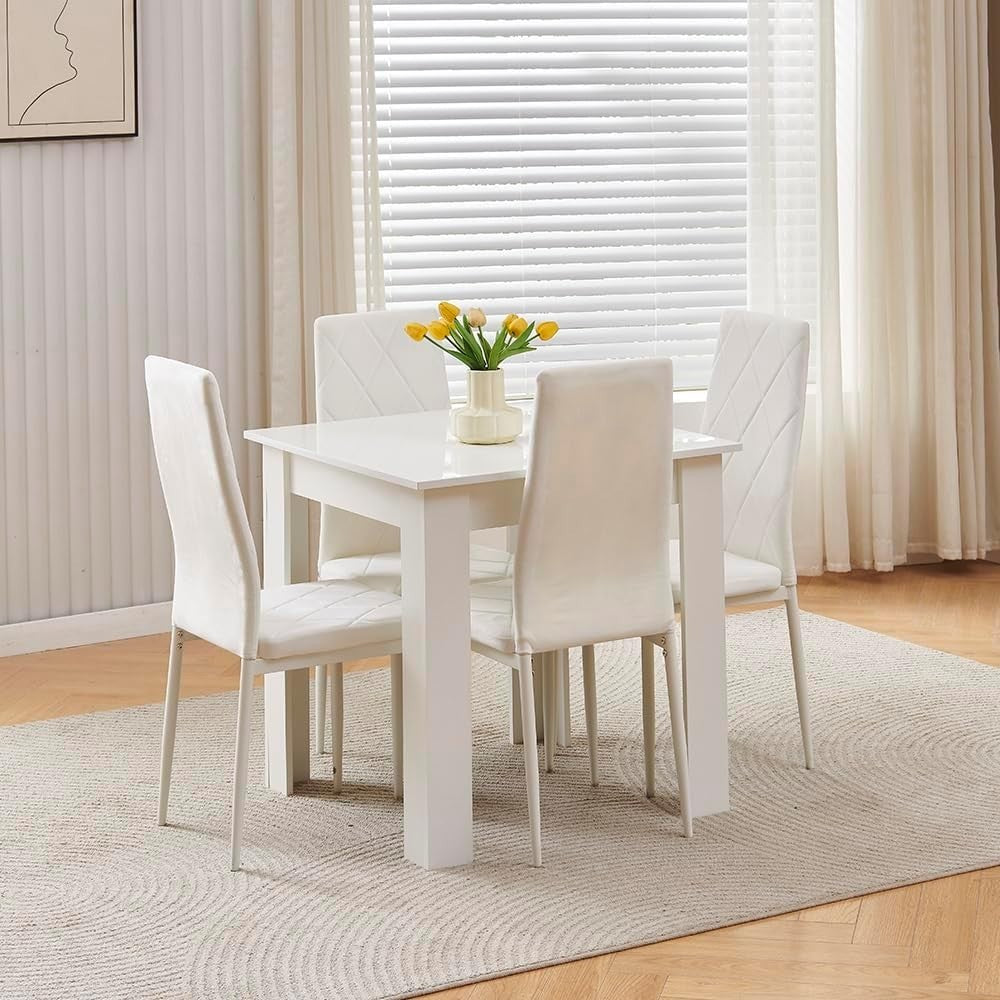 Modern White Square Dining Table & 2 Velvet Chairs - Space Saving Design