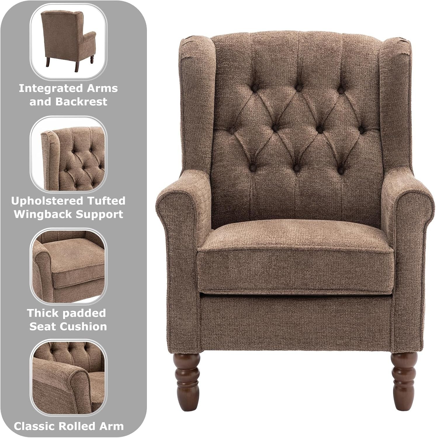 Mid‑Century Modern Wingback Accent Chair – Brown Upholstered Armchair