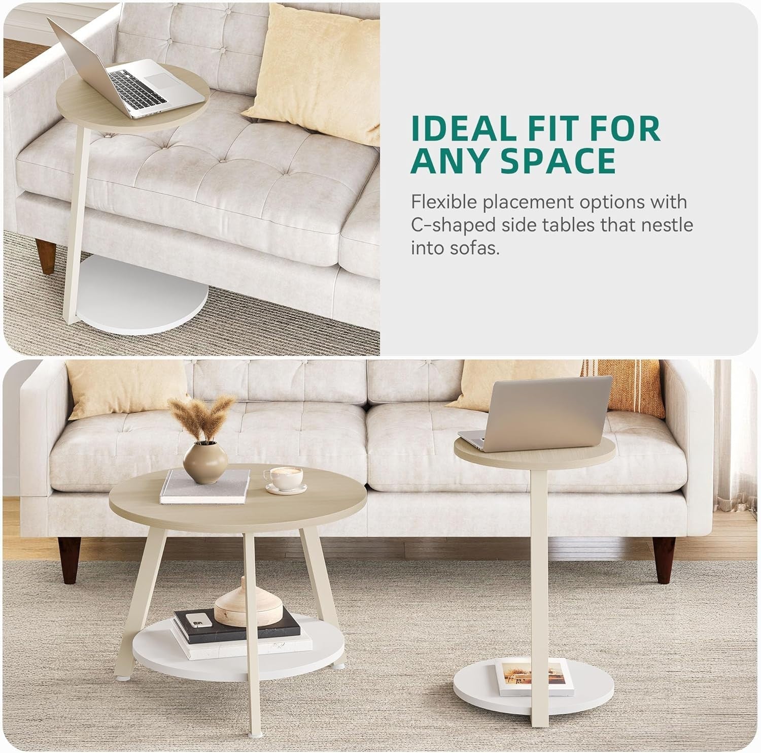 Round Nesting Coffee Table Set 2, Oak White Modern End Side Accent Tables