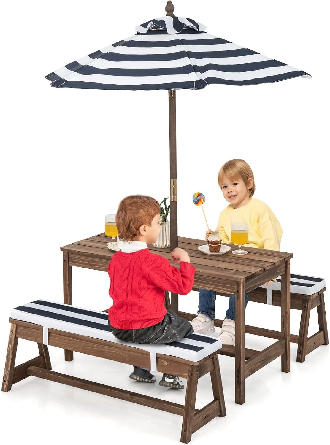 Kids Wooden Picnic Table Bench Set w/ Cushions & Umbrella – Outdoor Play