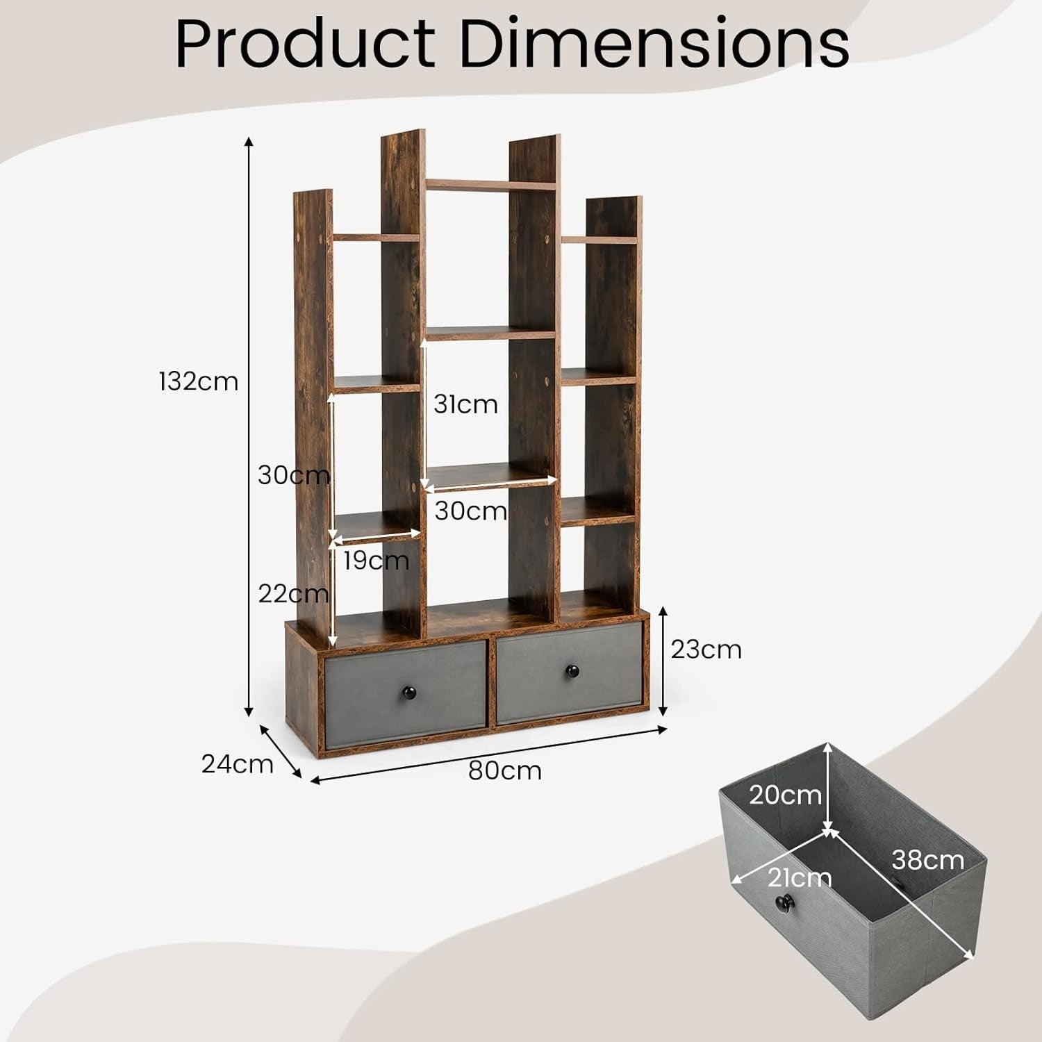 12-Tier Rustic Brown Wooden Bookshelf with 2 Foldable Drawers, Space Saver