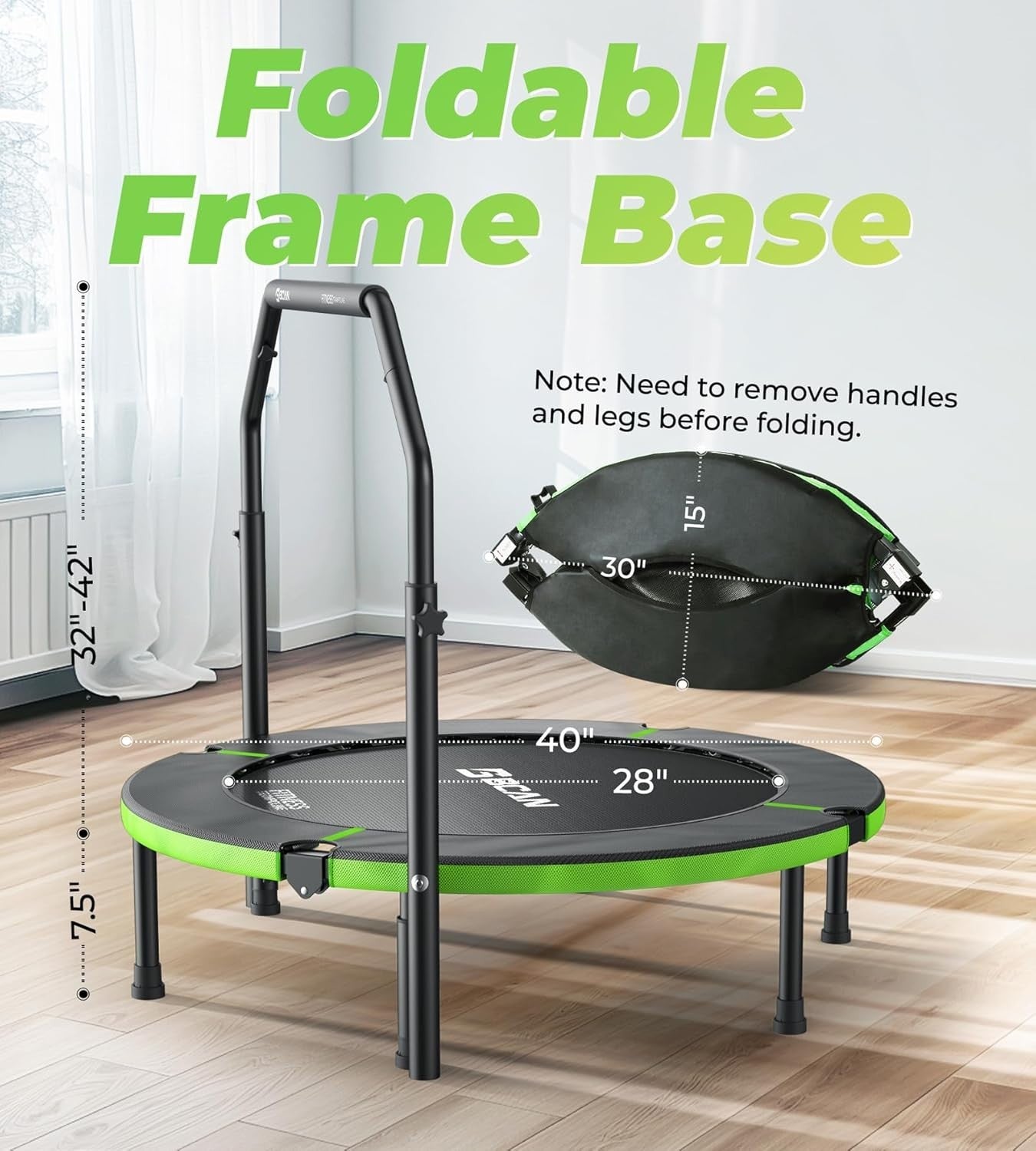 40in Foldable Exercise Rebounder with Adjustable Handle Heavy Duty