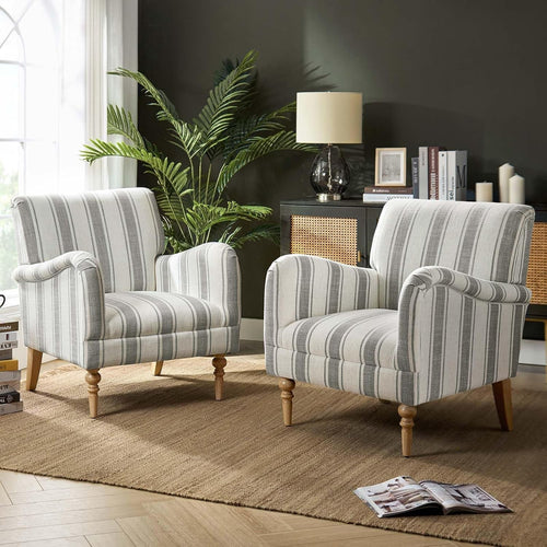 Set of 2 Upholstered Accent Armchairs Wood Legs Striped Chairs for Lounge
