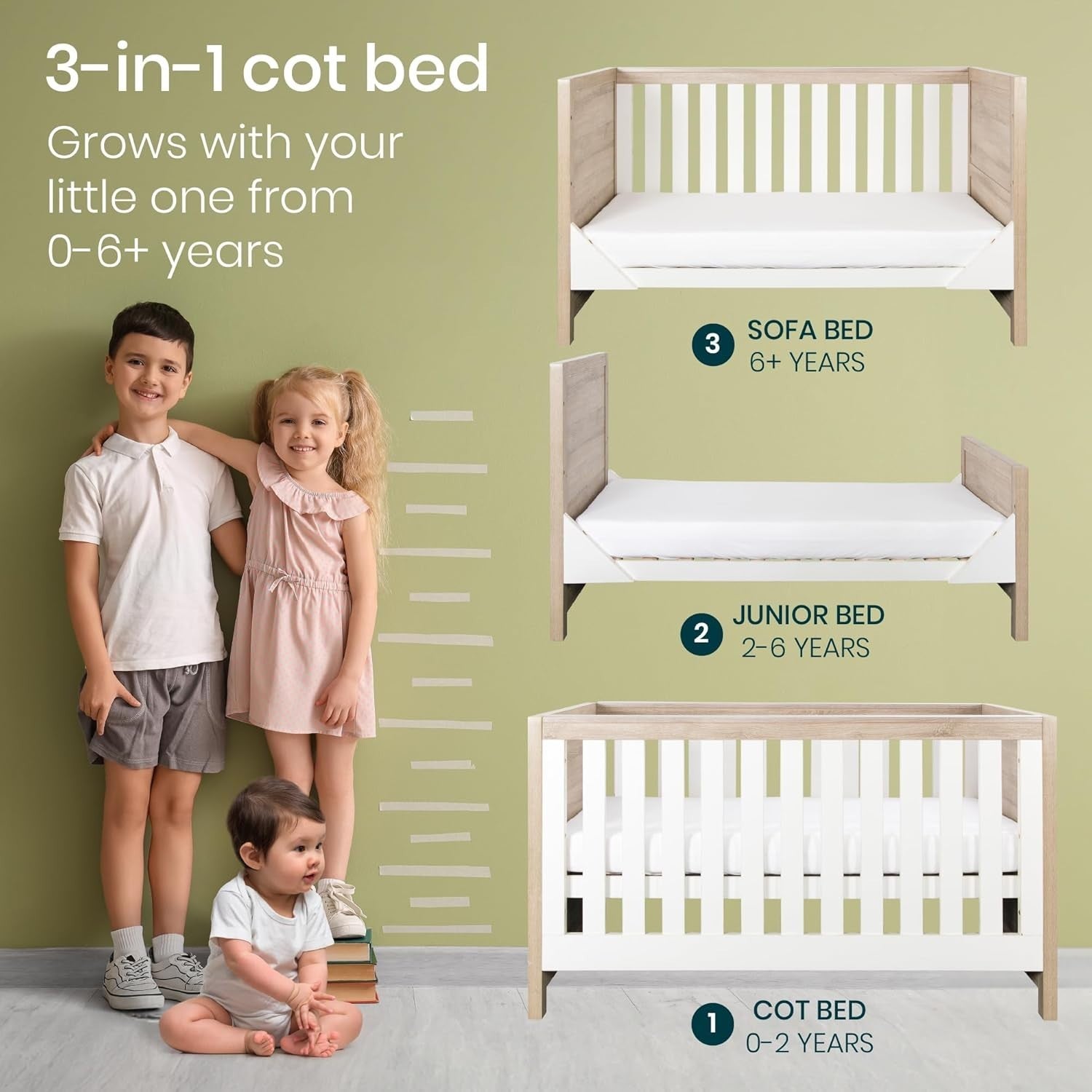 3in1 Wooden Baby Cot Bed Toddler Day Bed Adjustable Rails Oak White 140x70