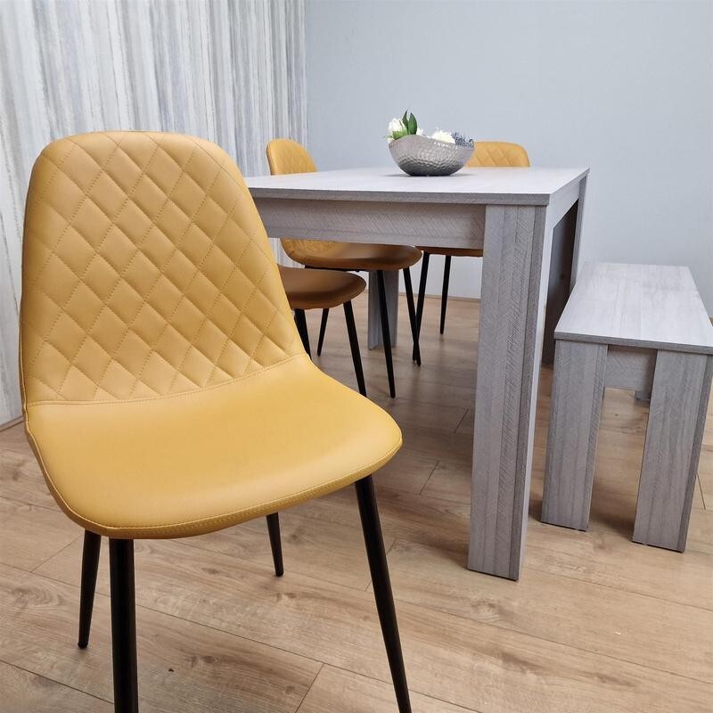6 Seater Light Grey Dining Table Set with Mustard Chairs & Bench, MDF