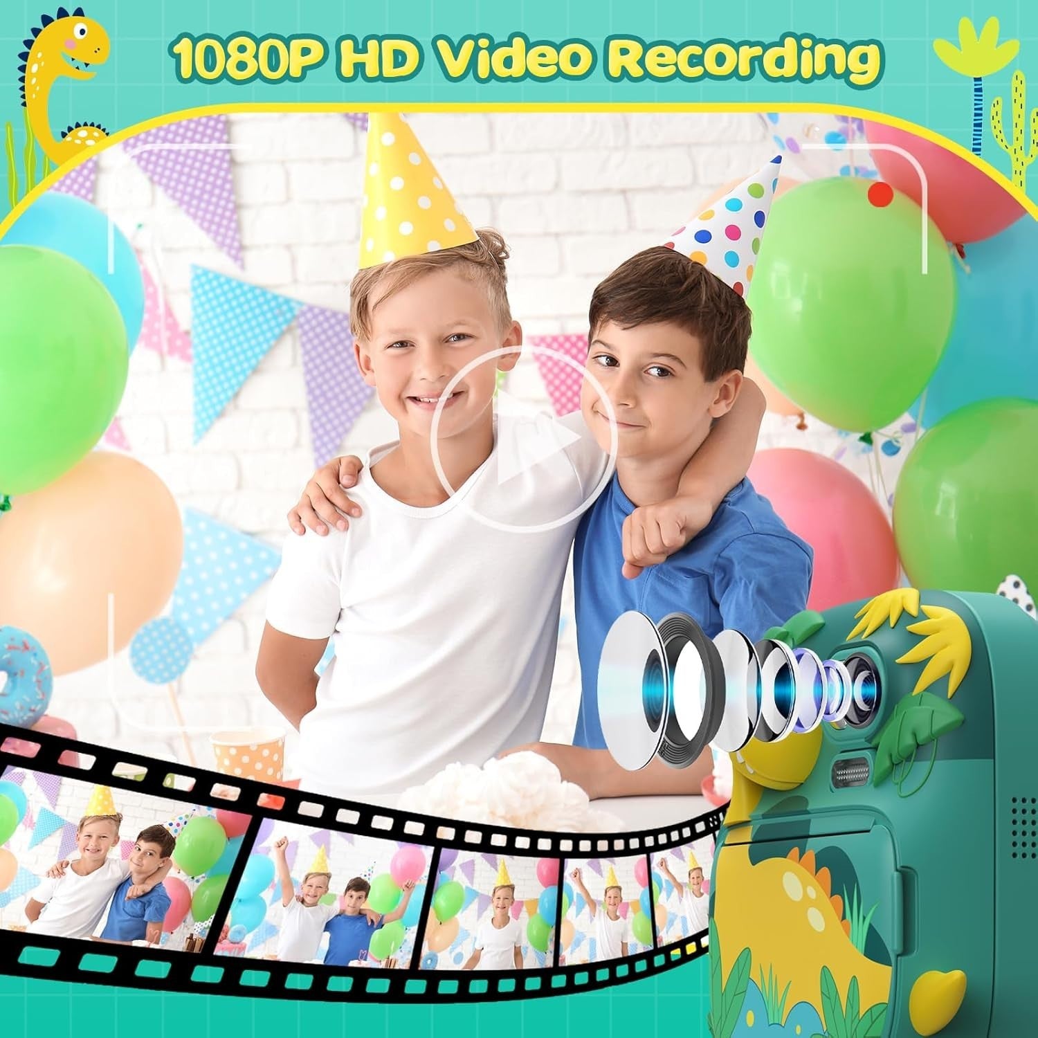 Kids Instant Print Camera 12MP 1080P HD 32GB Card Dinosaur Toy Gift