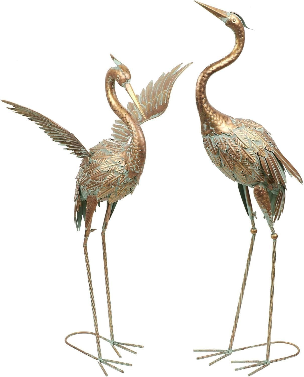 Large Metal Crane Garden Statues Pair 39in Bronze Heron Sculptures Outdoor Decor
