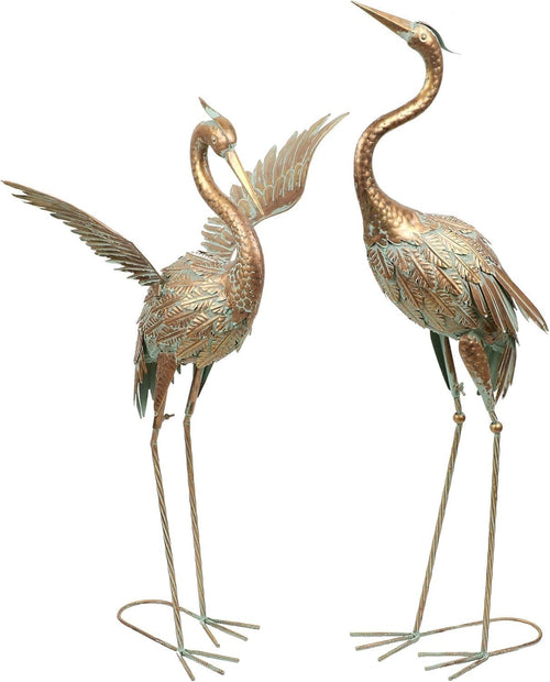 Large Metal Crane Garden Statues Pair 39in Bronze Heron Sculptures Outdoor Decor