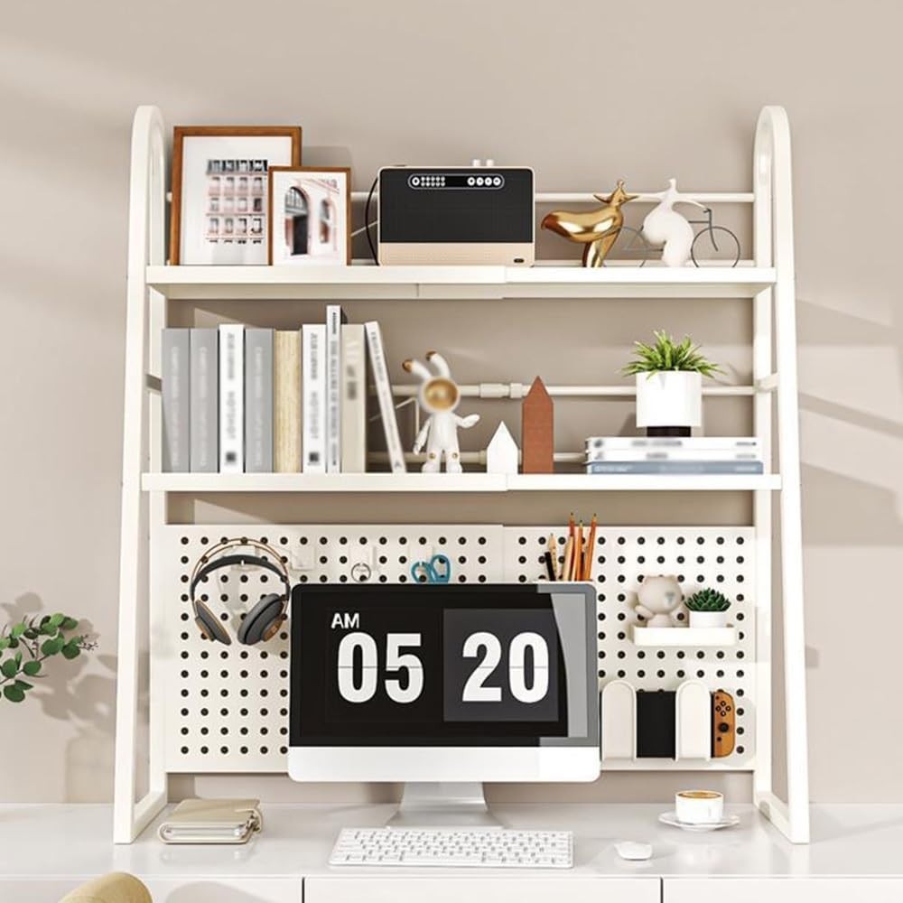 Expandable 2-Tier Desktop Bookshelf | White Metal Desk Hutch w/ Pegboard 55–96cm