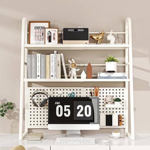 Expandable 2-Tier Desktop Bookshelf | White Metal Desk Hutch w/ Pegboard 55–96cm