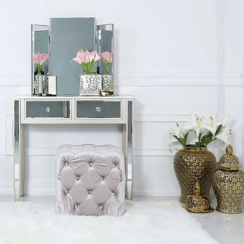 Pink Velvet Tufted Ottoman Footstool Buttoned Pouffe Seat for Bedroom