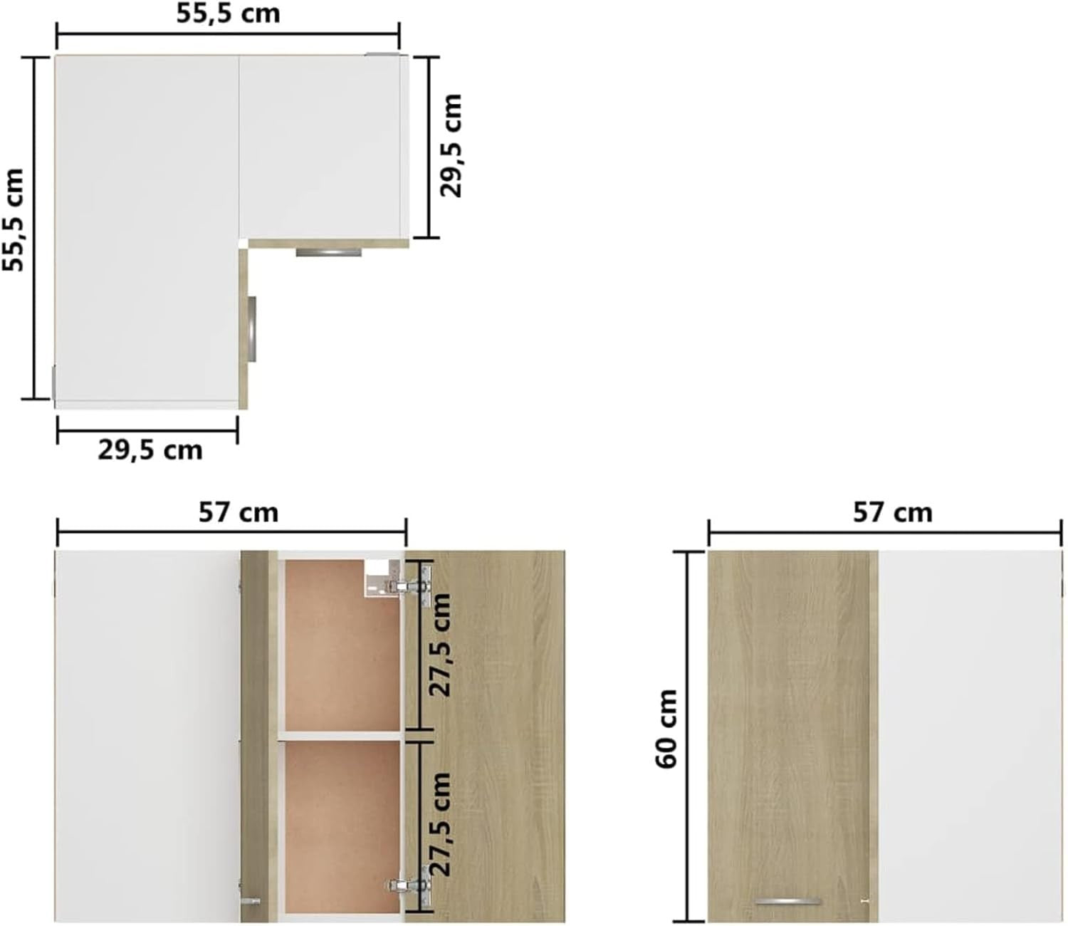 Corner Wall Cabinet Kitchen Storage Unit with Doors & Shelves 57x57x60cm