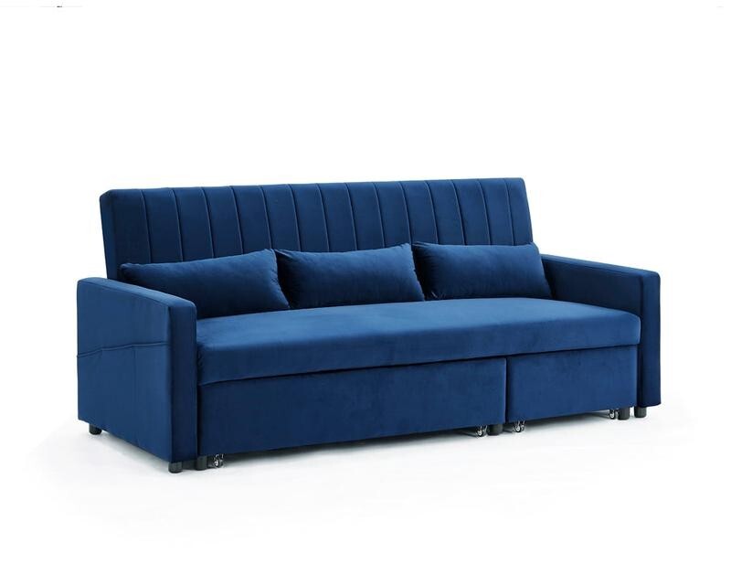 Blue Velvet 3 Seater Sofa Bed Pull Out Storage Chaise Guest Sleeper