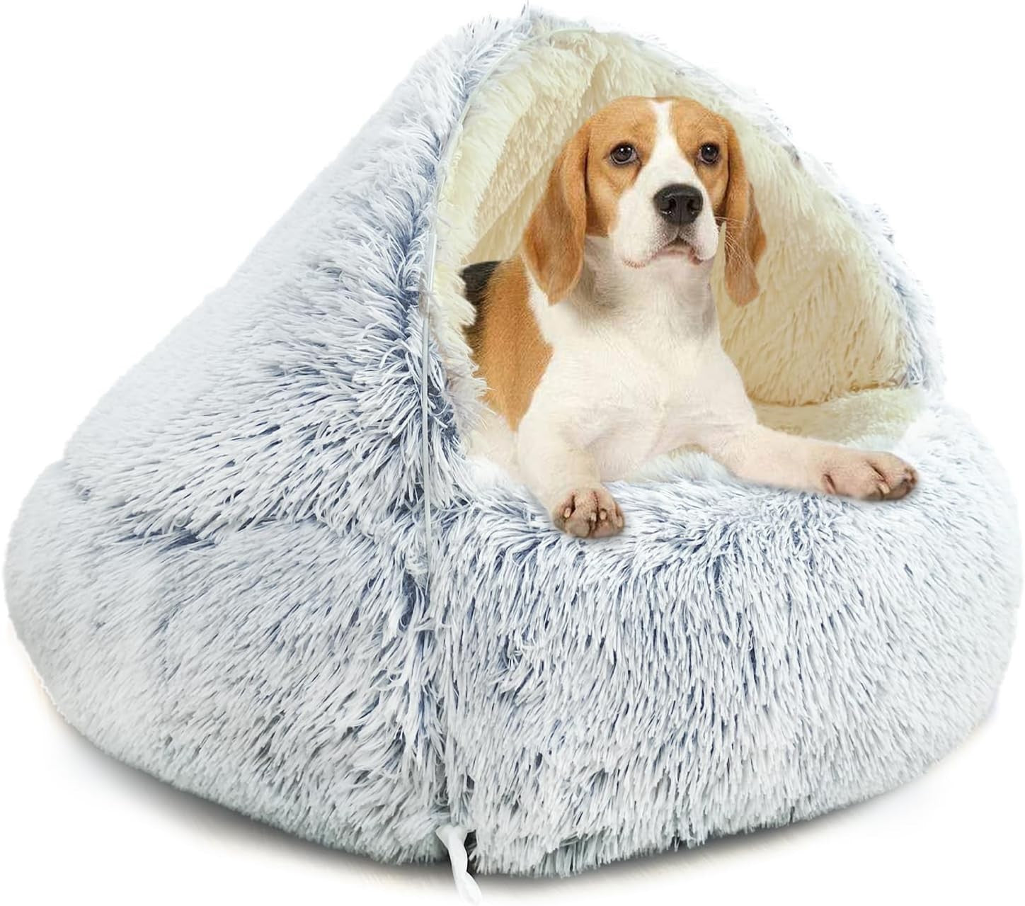 Fluffy Calming Dog Cave Bed 60x60x40cm Hooded Washable