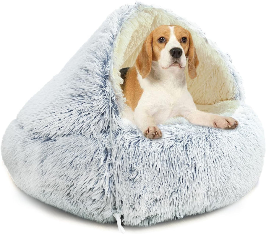 Fluffy Calming Dog Cave Bed 60x60x40cm Hooded Washable