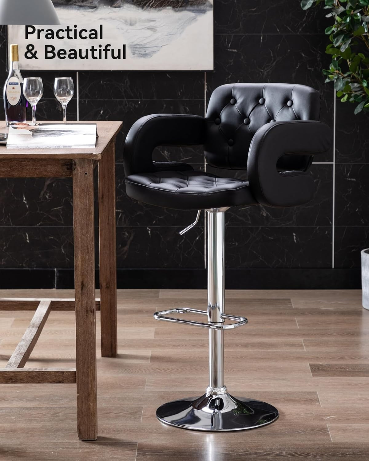 Black PU Adjustable Swivel Kitchen Breakfast Bar Stool Faux Leather