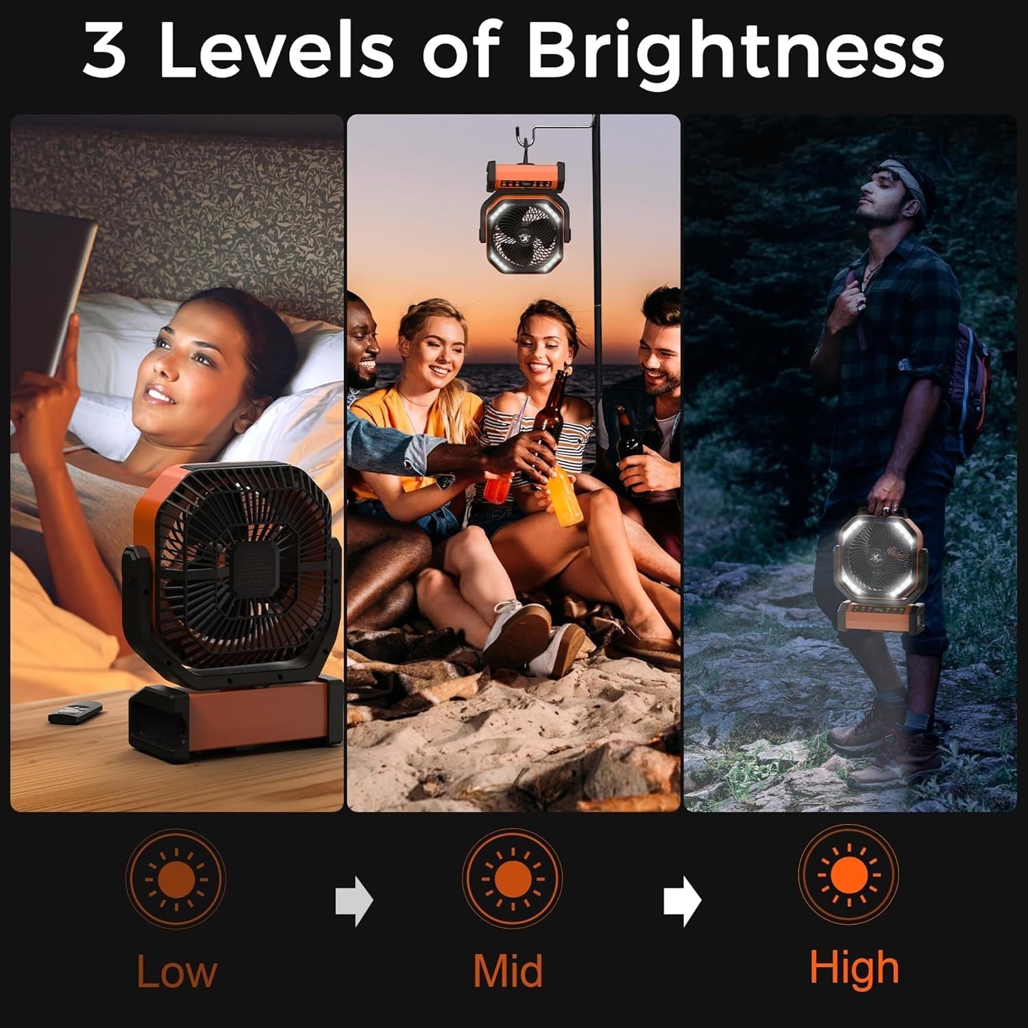 Orange Camping Fan – Quiet 20000mAh Rechargeable LED Light w/ Remote & 9 Speeds