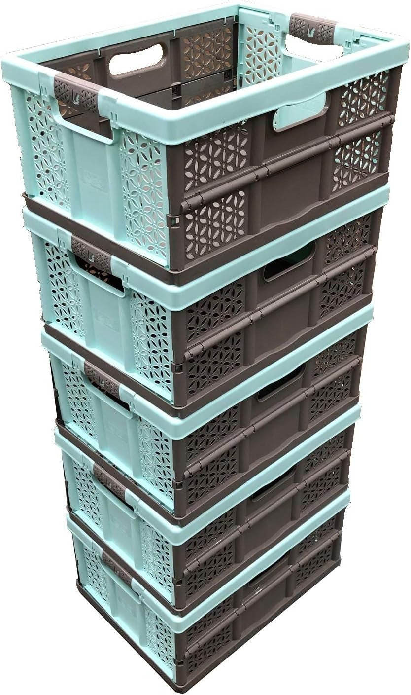 5x 32L Folding Storage Crates Heavy Duty 30kg Stackable Boxes