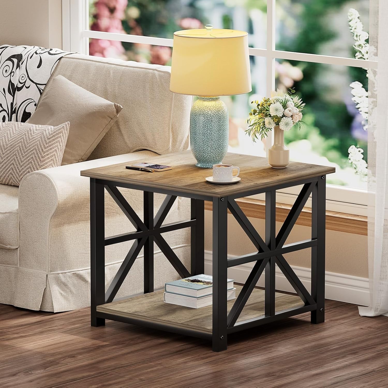2-Tier Storage Side Table 50x50cm Square End Table Grey Wash Durable
