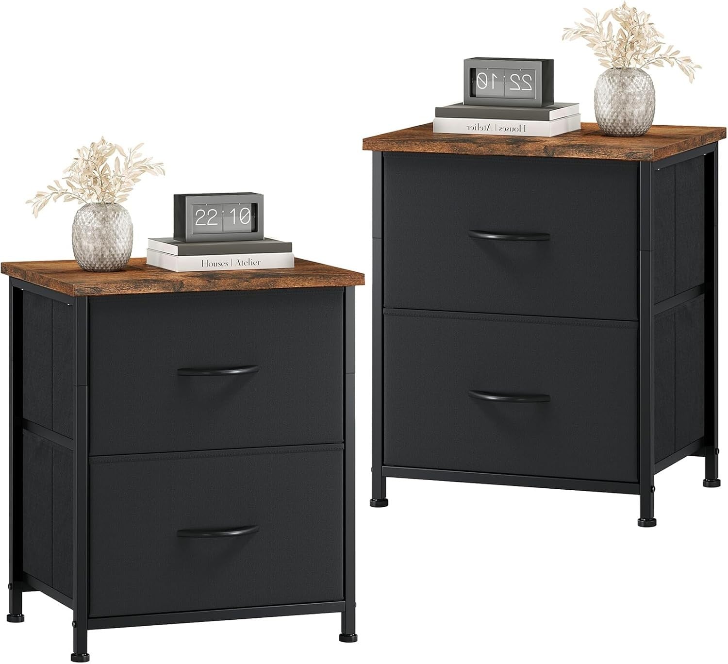 Black Bedside Tables Set of 2 with Fabric Drawers, Rustic Wood Top Nightstands