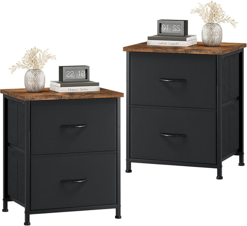 Black Bedside Tables Set of 2 with Fabric Drawers, Rustic Wood Top Nightstands