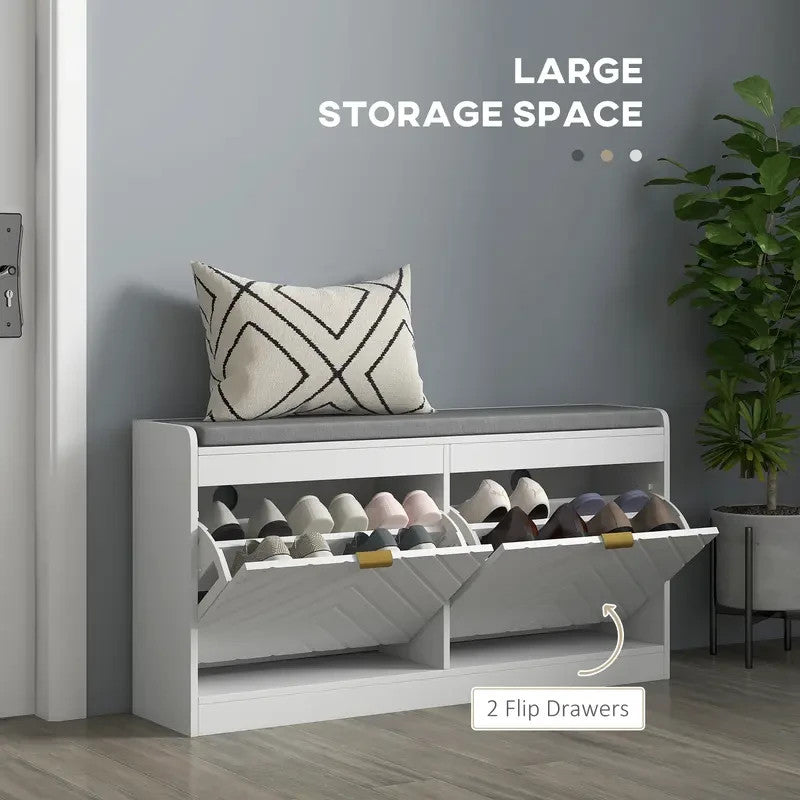 White Shoe Storage Bench with Cushion & Drawers – Hallway Seat Unit