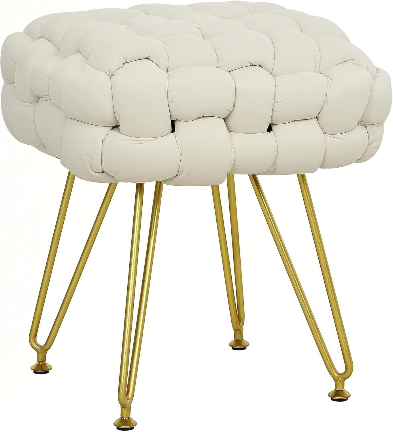 Cream White Square Footstool Woven Velvet Seat Ottoman Metal Leg Stool