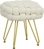 Cream White Square Footstool Woven Velvet Seat Ottoman Metal Leg Stool