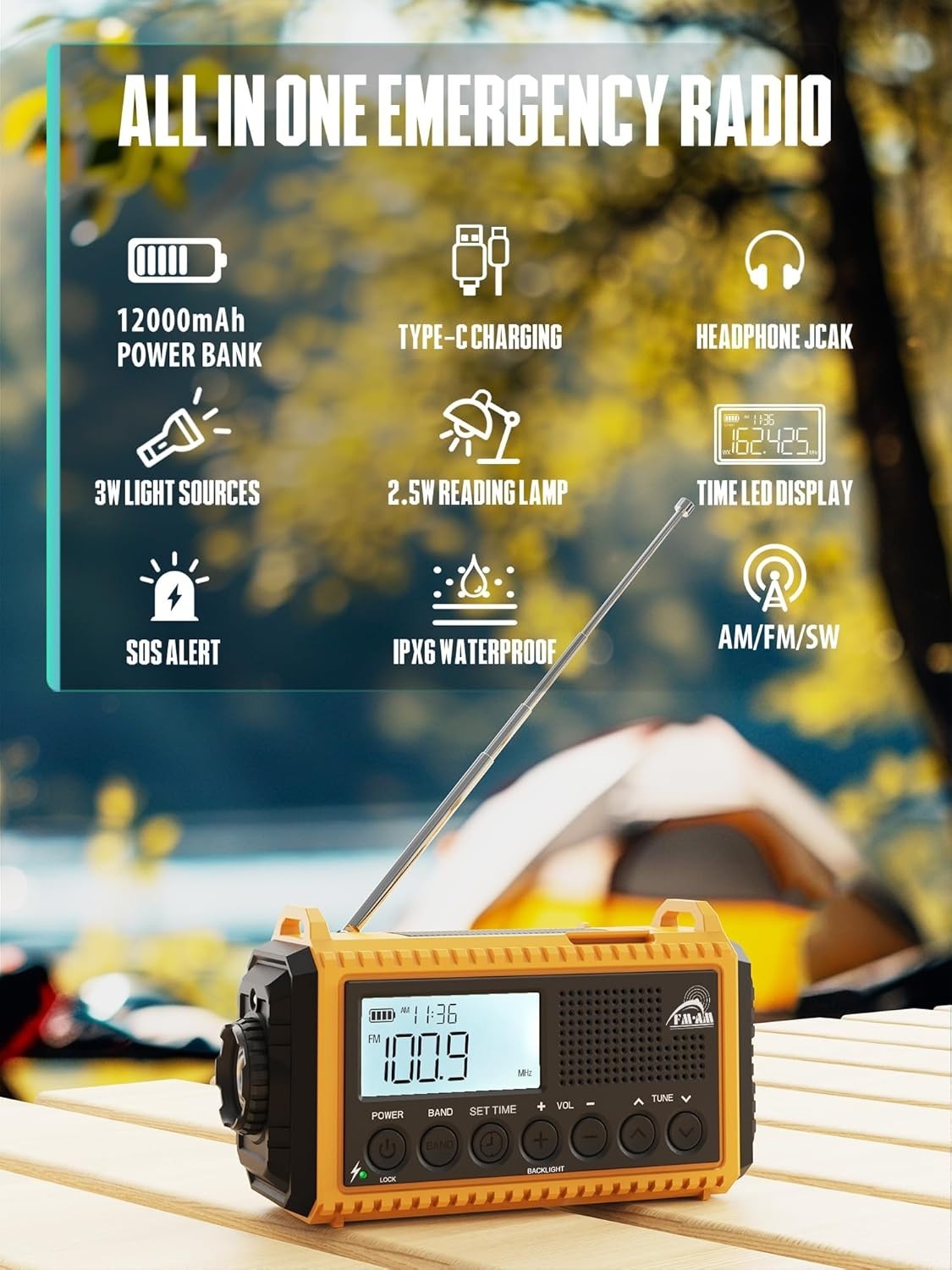Emergency Radio AM/FM/SW Solar Hand Crank 12000mAh Waterproof Torch