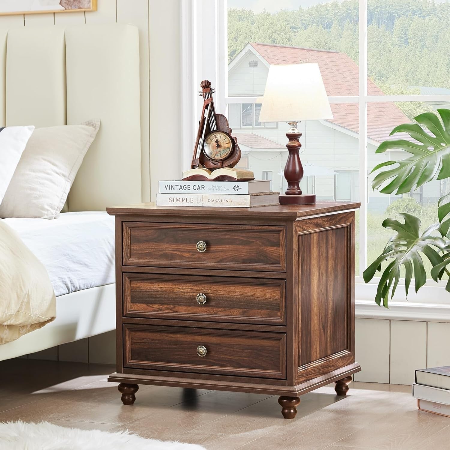 Brown Wooden Bedside Table with Drawers – Rustic Farmhouse Nightstand