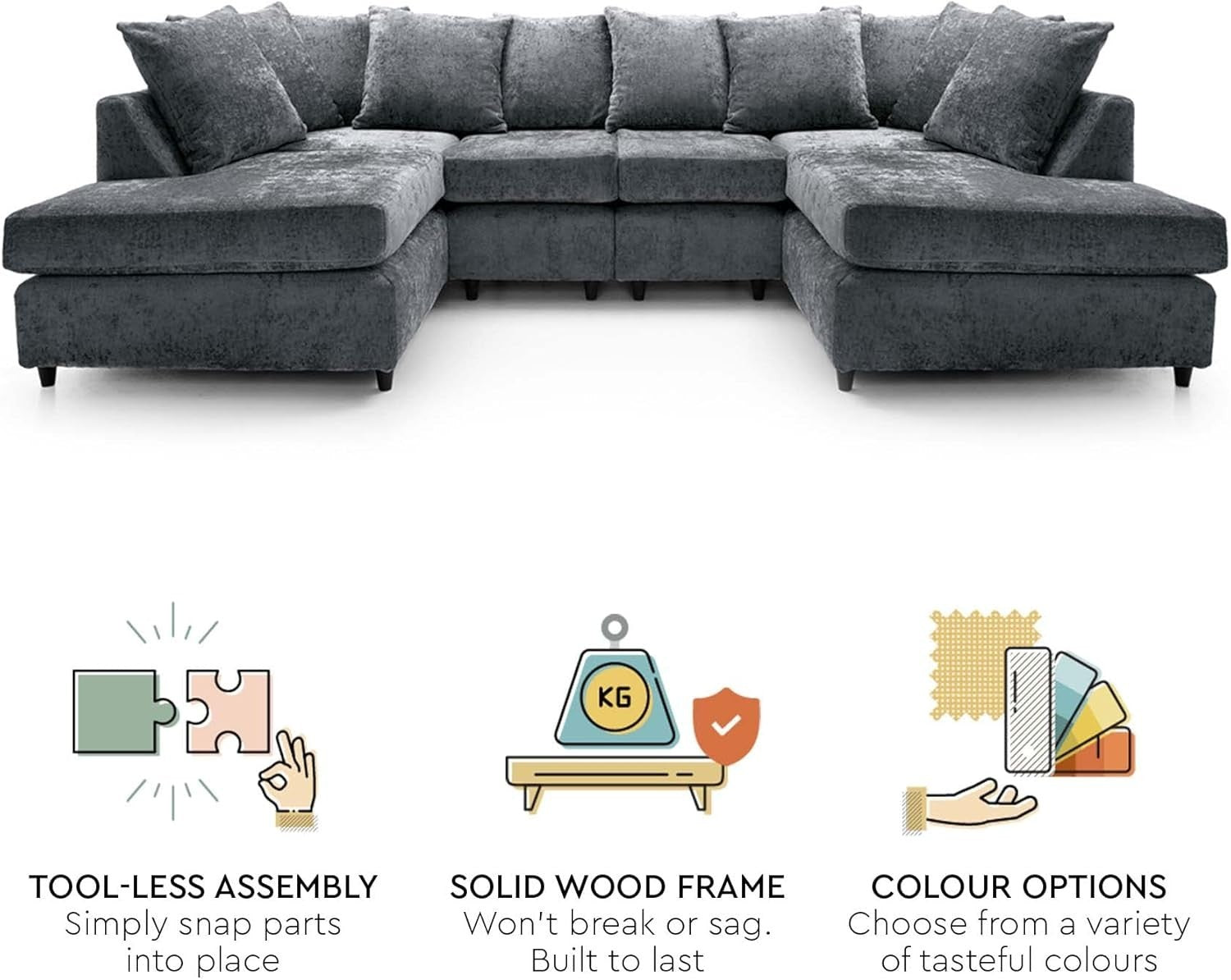 U-Shaped Sofa Dark Grey Chenille w/ Cushions + Footstool | 280x164x90cm Modern
