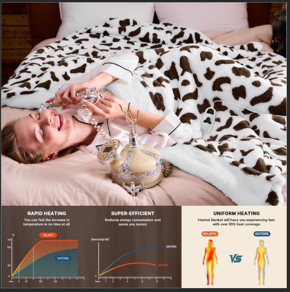Electric Heated Throw Blanket Cow Print Sherpa 10 Heat Auto Off Washable