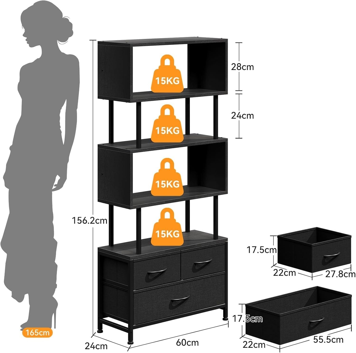 5 Tier Black Bookcase with 3 Fabric Drawers Metal Frame Storage Shelf 155cm