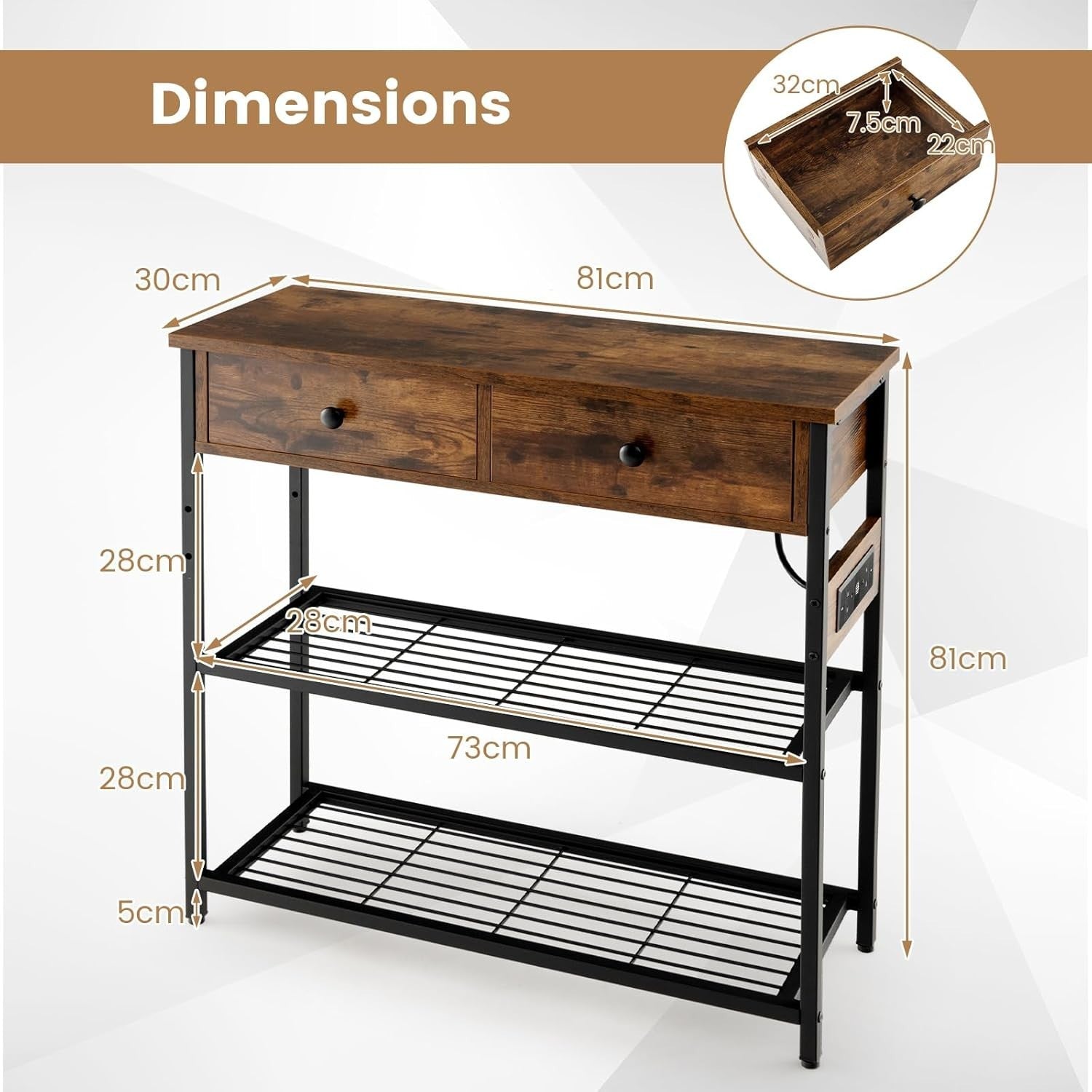 Rustic Console Table with Charging Station, Drawers & Metal Storage Shelves