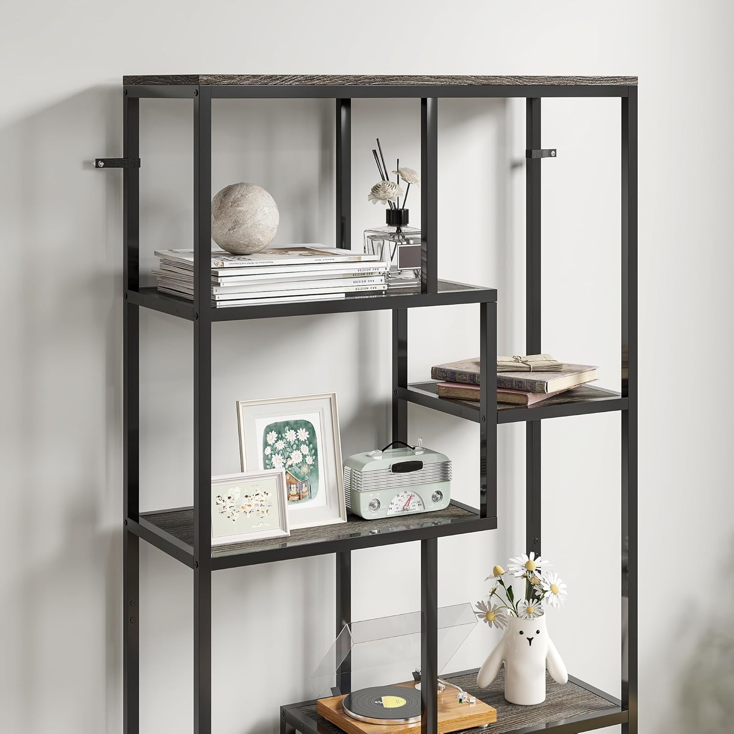 7-Tier Industrial Bookcase | Grey & Black Geometric Shelf Unit for Home & Office