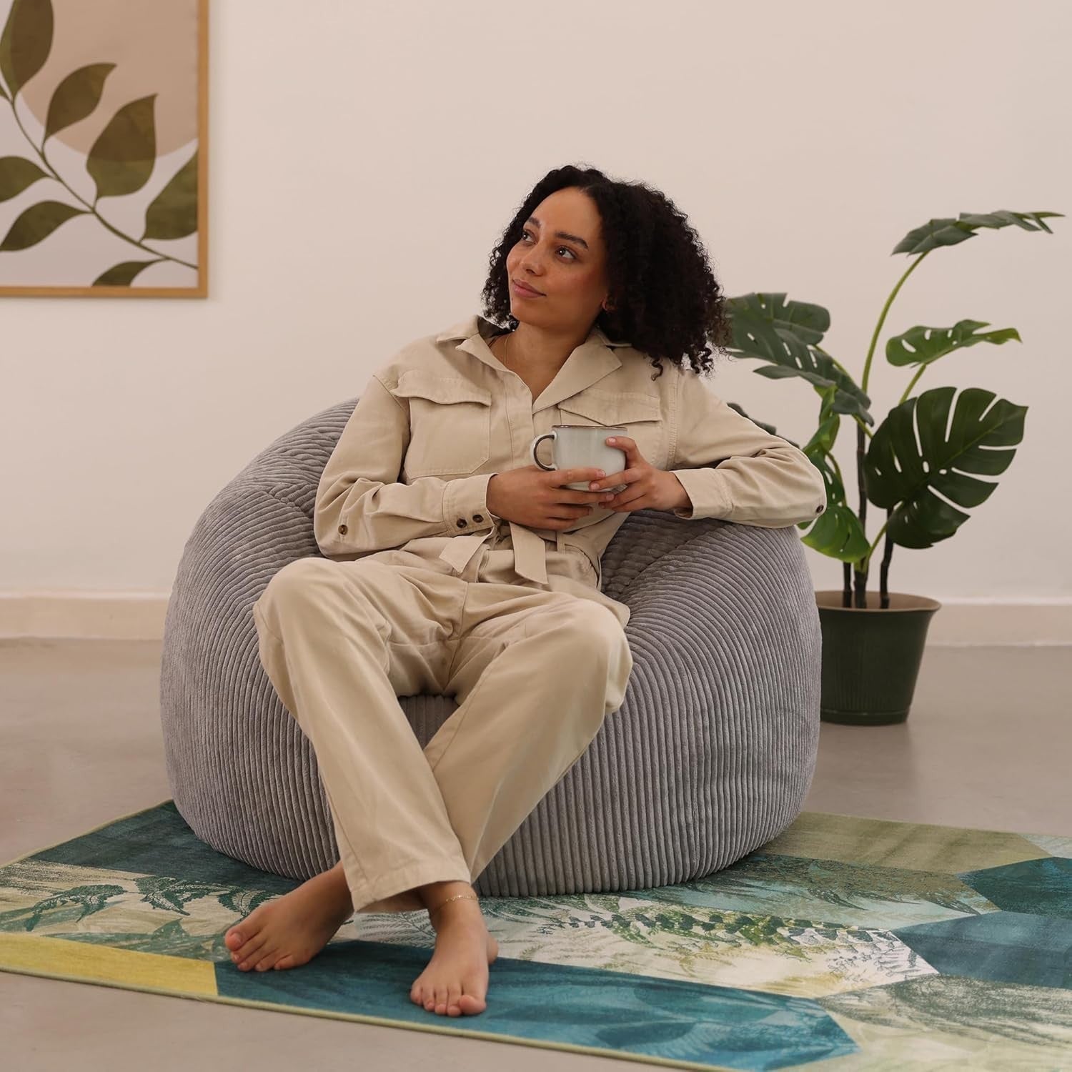 2x Grey Cord Bean Bag Chairs | Large Lounge Seating for Adults & Teens
