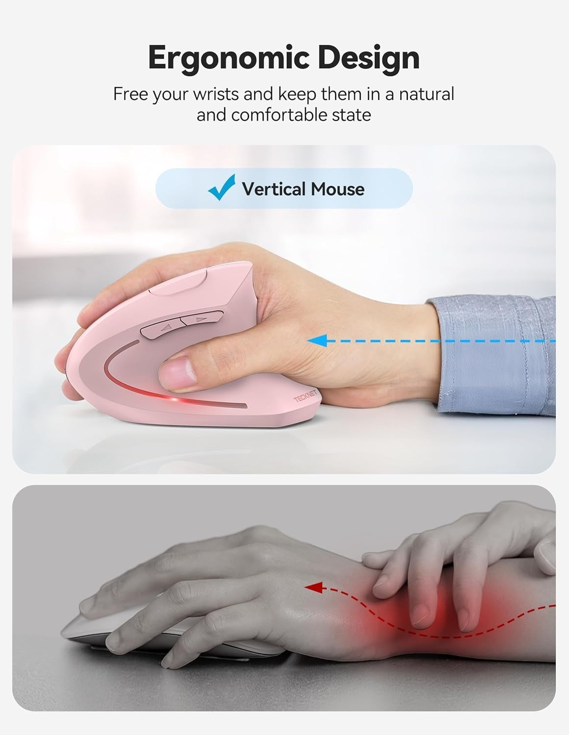 Pink Vertical Ergonomic Mouse Bluetooth Rechargeable 4800 DPI