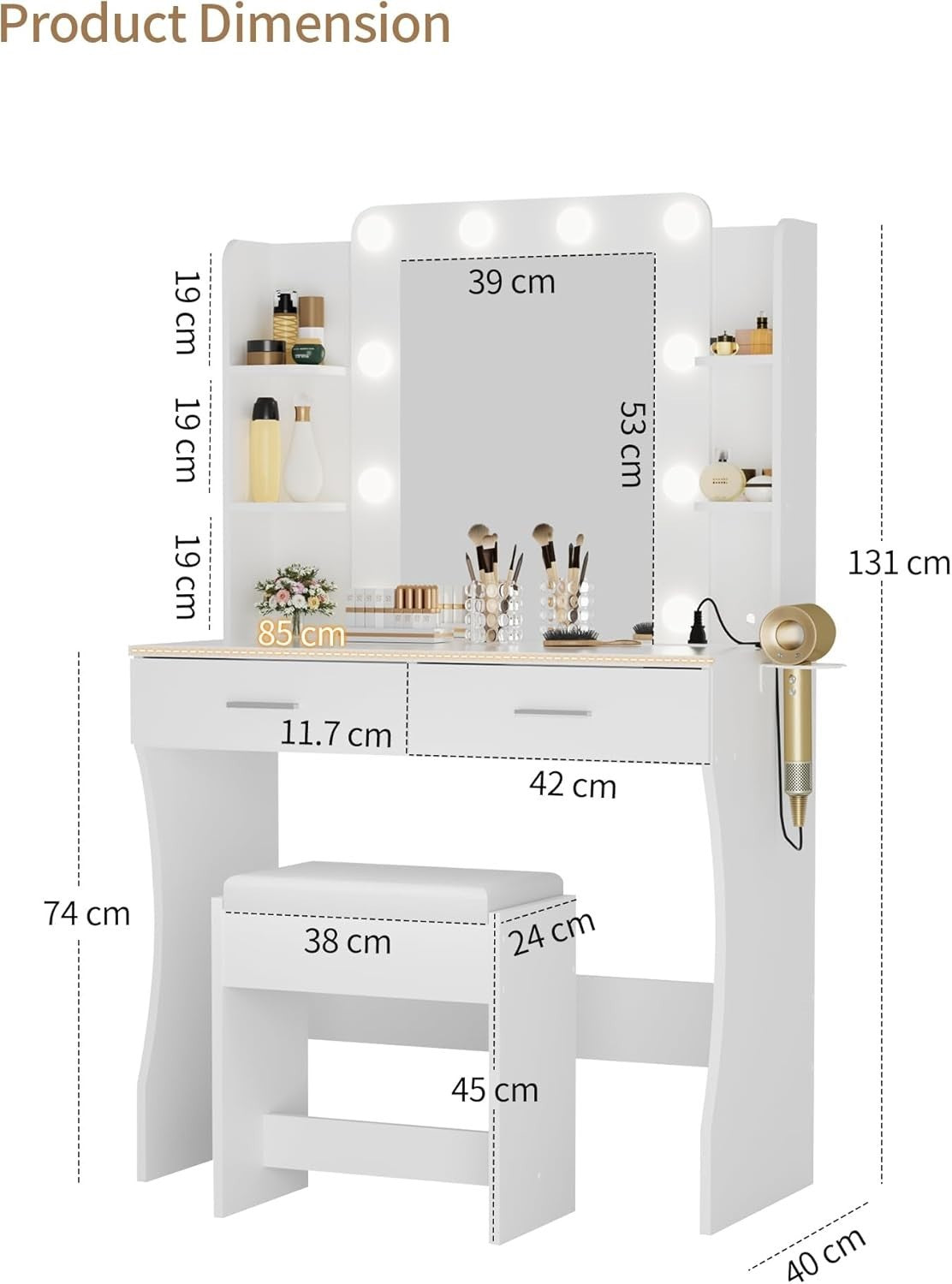 Modern White Vanity Dressing Table Set w/ Stool, 3-Color LED Light & Storage