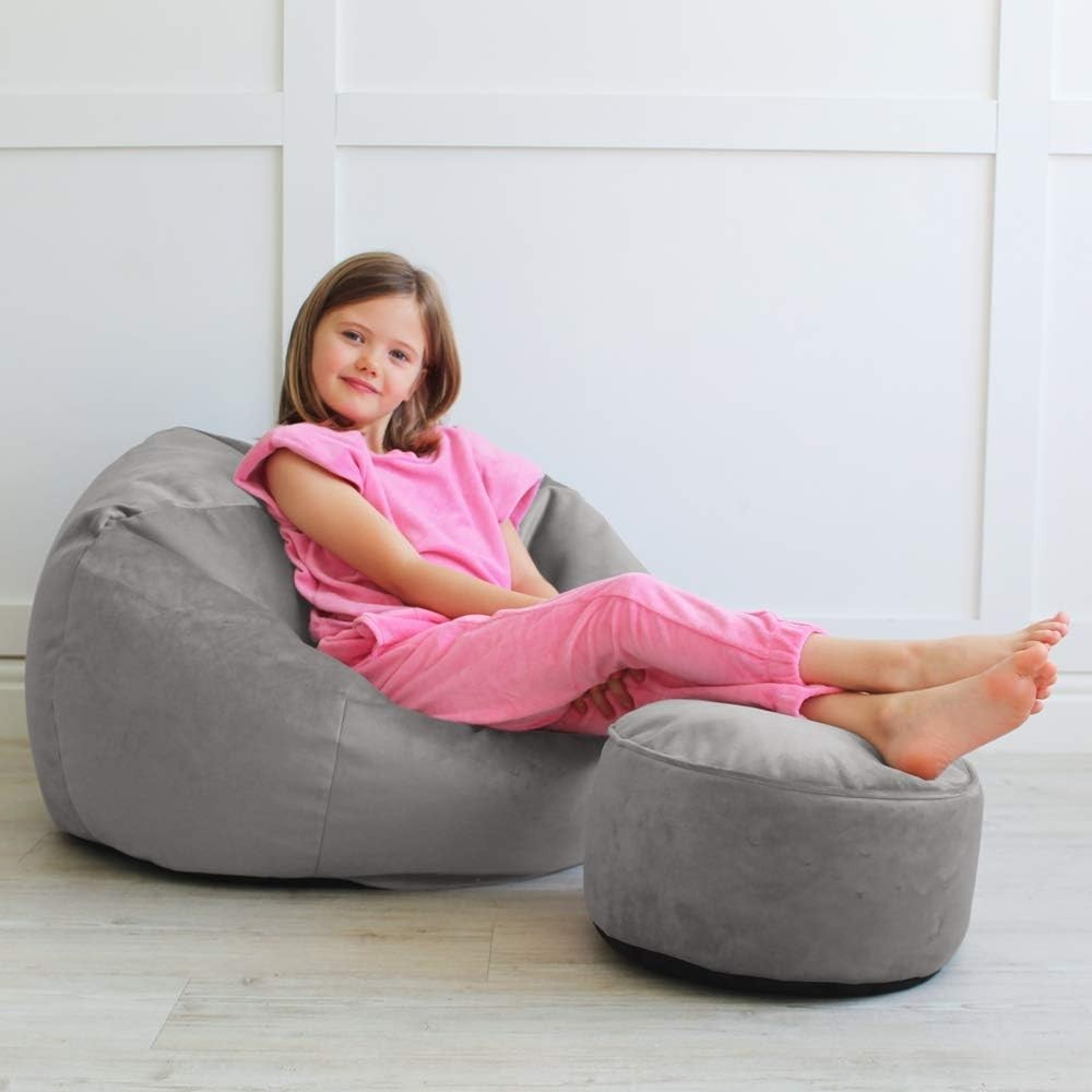 Luxury Kids Velvet Bean Bag Chair with Footstool Soft Plush Playroom Seat